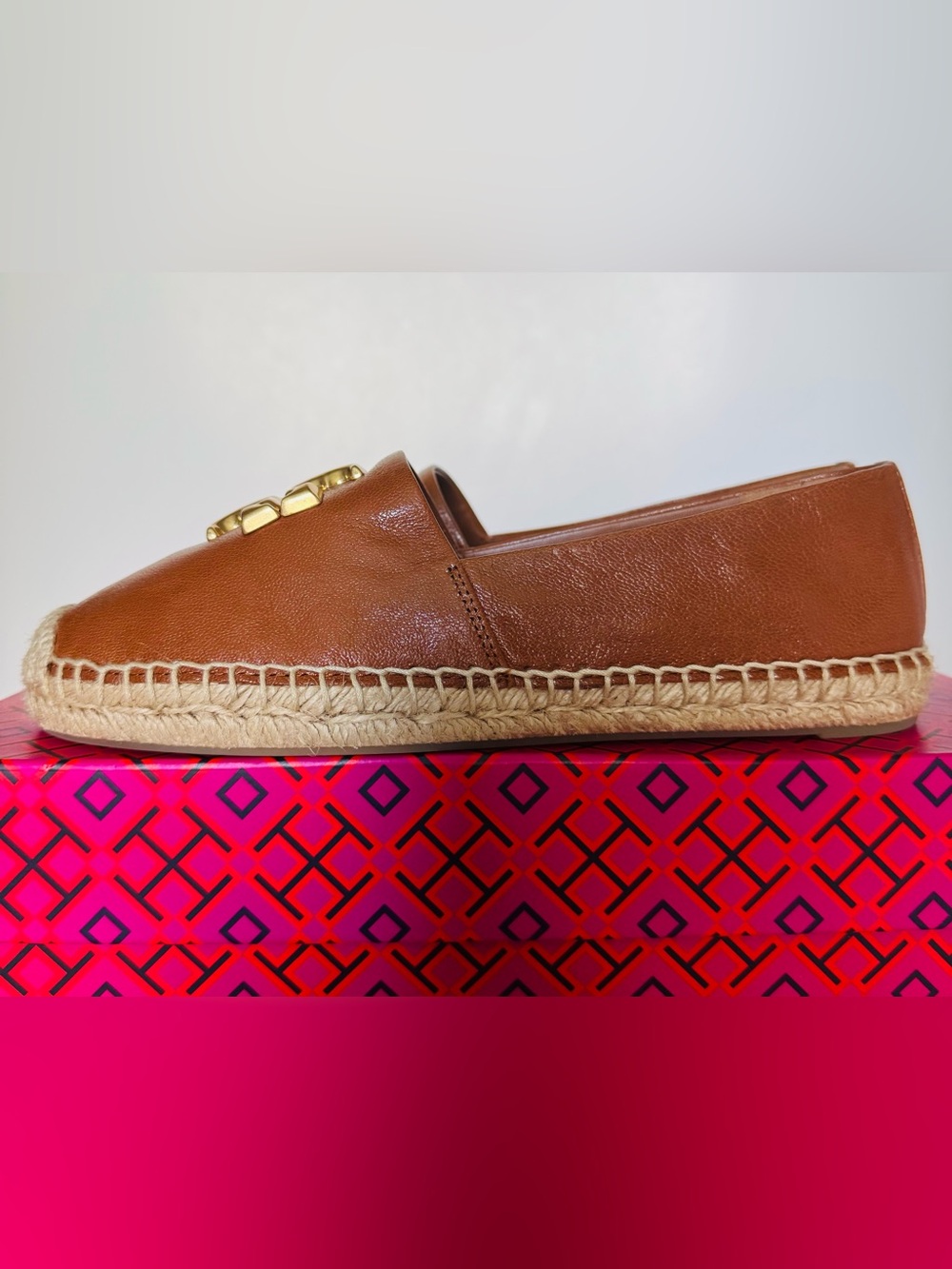 Tory Burch Eleanor Leather Espadrilles Flats Brown Bourbon Gold Logo Size 6.5 - Picture 6 of 6
